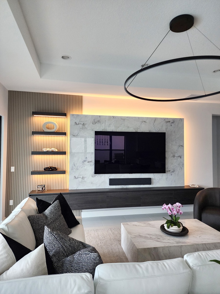Modern Built in Entertainment Center Marble & Slatwall & Grey Wood ...